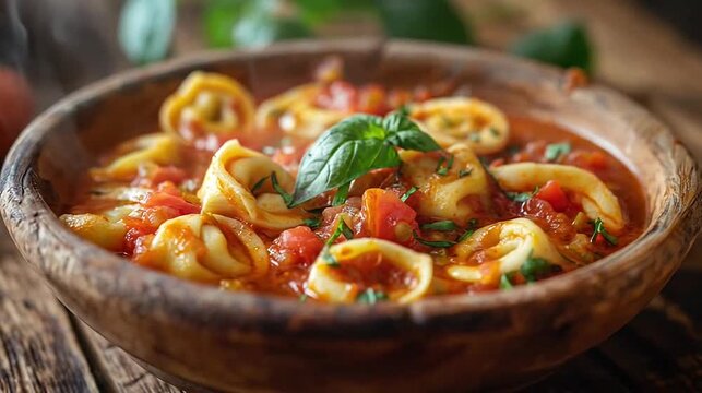Close-up of pasta tortellini in rich tomato sauce with fresh basil in a wooden bowl