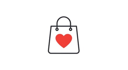 Minimalist shopping bag icon with a red heart, symbolizing love for shopping, thoughtful gift-giving, or customer care. Ideal for e-commerce, charity, or special promotional offers