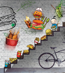 Colorful street food graffiti mural on brick wall featuring fast food illustrations representing urban culture, creative art, modern lifestyle, and food marketing concept. Ideal for advertising 