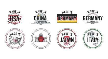 Obraz premium Set of 8 Made In Country Vector Labels and Badges Featuring USA, China, Germany, Japan, and Italy for Product Origin Branding
