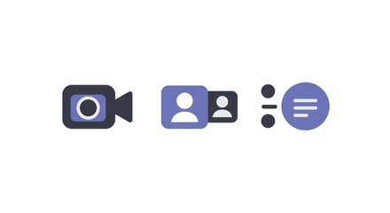 Collection of modern flat design digital interface icons for video communication, user profile management, and application settings, ideal for web and mobile UI/UX projects
