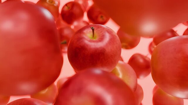 3D animation of fresh red apples falling and floating in the air, realistic fruit motion graphics for healthy eating, orchard, and grocery store concepts.
