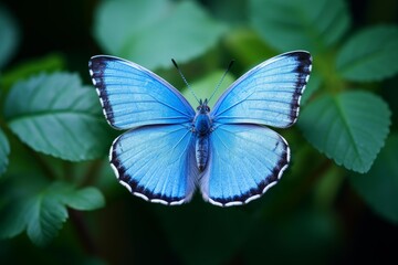 Blue butterfly with wings open resting on vibrant green foliage