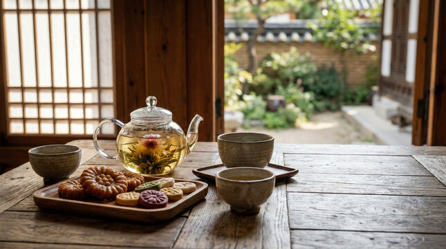 Traditional Korean tea and snacks on a wooden table in a Hanok cafe.