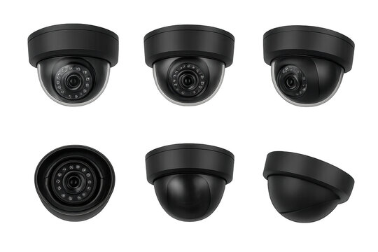 Black dome security camera set showing six realistic isolated front, side and top views on a transparent background