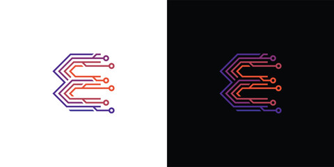 Fototapeta premium The letter 'E' logo is formed from digital circuit lines on a white or black background. It represents electronics, engineering, energy, efficiency, and the digital age.