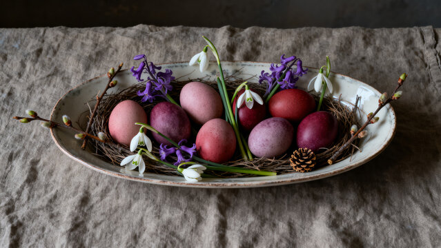 Vintage cottagecore Easter still life with naturally dyed pastel eggs in a ceramic dish, fresh spring snowdrops, and corydalis flowers on rustic linen.