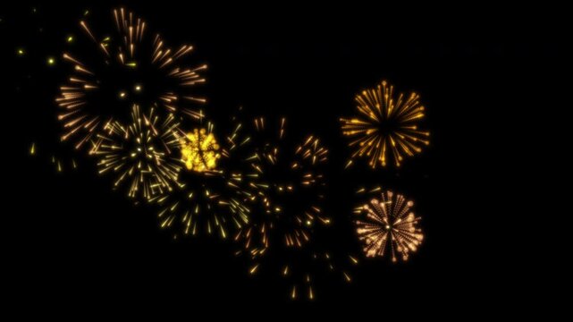 Golden Digital Fireworks Loop on Black Background, Elegant Particle Burst Animation, 4K Seamless