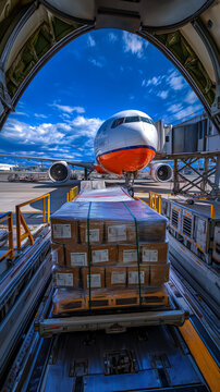 AI generator images of Air freight, by airplane. Air freight is the fastest, most secure method for transporting goods globally via dedicated cargo planes or passenger aircraft, 
