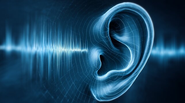 Stylized ear with soundwave overlay representing hearing screening, cochlear implant evaluation, and sensorineural audio loss assessment.