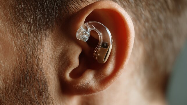 Close-up of ear with behind-ear hearing aid during audiology testing, illustrating device fitting and hearing assessment.