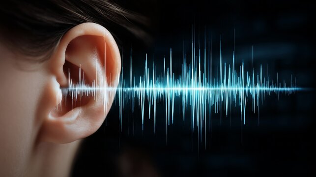 Audiology consultation scene showing ear close-up with soundwave overlay representing hearing test and diagnostic assessment.