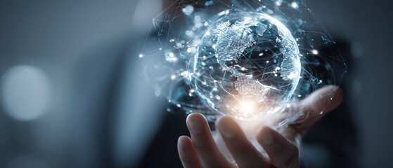 Futuristic digital globe hovering over businessman's hand in dark setting