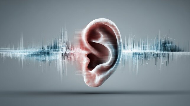 Human ear with soundwave overlay representing hearing screening and cochlear implant evaluation for hearing loss diagnosis.