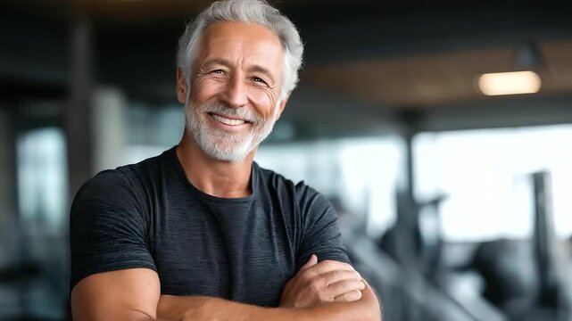 Very fit senior man smiling in gym, radiating vibrant health, fitness for seniors concept, elderly male wellness, mature athletic joy, active aging display, faceless older man