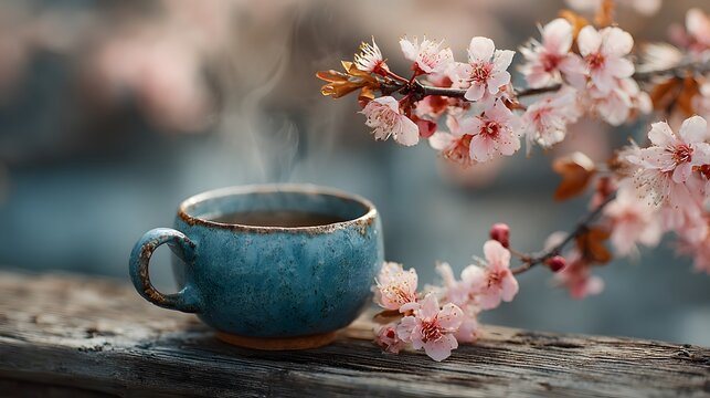 Cozy spring tea time setting features a blue ceramic cup on a rustic wooden ledge with blooming pink cherry blossoms arching over the scene.