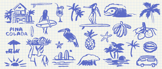 Hand drawn doodle beach surf vector illustration set. Tropical naive coastal elements, palm tree, waves, surfboards, woman surfer and sun for summer designs, t-shirts, posters, and placard prints. © KPstudio