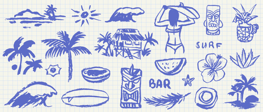 Chalk doodle beach and surf vector illustration set. Tropical Hawaii naive coastal element. Palm trees, waves, surfboards, woman surfer, sun for summer designs, t-shirts, posters, and placard prints.