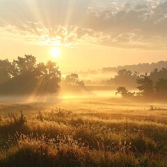 Obraz premium Golden Sunrise Over Misty Meadow with Trees Silhouetted Against Bright Morning Sky