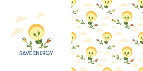Fototapeta premium Energy save vector illustration concept with seamless pattern. Creative concept for kids designs. Eco lamp and eco flowers.
