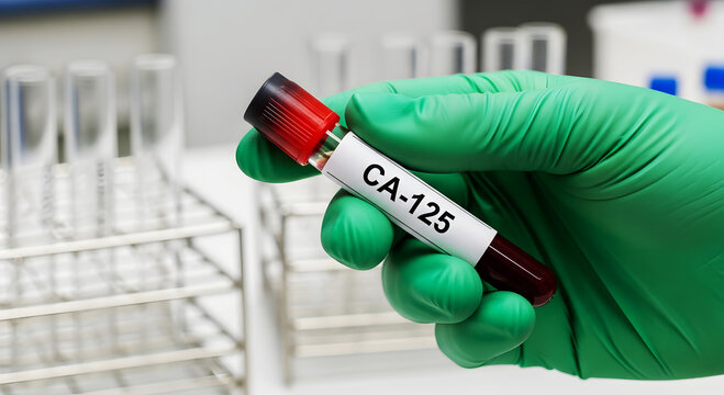 Hand in green glove holding C A 125 blood sample tube in laboratory CA125