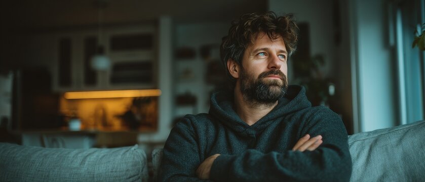 Thoughtful man with beard sitting on sofa in modern living room