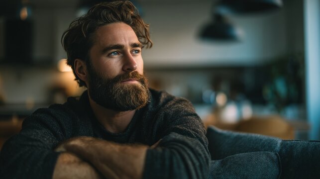 Thoughtful bearded man relaxing on sofa in cozy living room