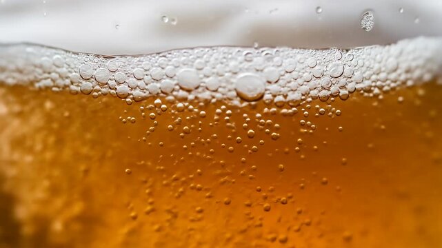 Effervescent Liquid.
Description Close-up of bubbly, amber-colored liquid with light foamy head, and rising bubbles