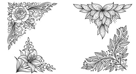 Fototapeta premium Set of four elegant floral corner designs in black and white.