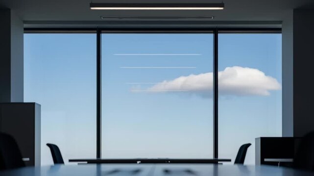 A modern office with a large window showing a single cloud in the blue sky