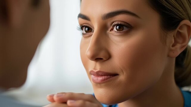 A concerned young woman in blue scrubs listening intently to a patient during a medical consultation video