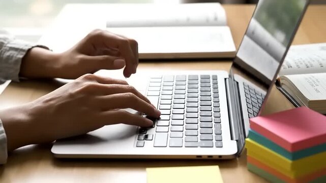 Person Hands Typing on Laptop at Desk with Books and Sticky Notes