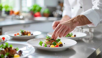 Naklejka premium キッチンで料理を盛り付ける手元