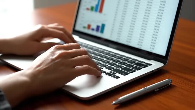 Professional Business Analyst Working on Laptop with Financial Charts