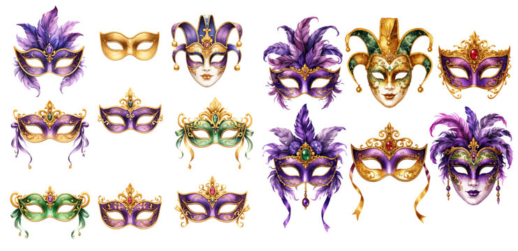 A charming watercolor collection of Venetian mask clipart, including baroque patterns, emerald and violet colors, feather plumes, and luxurious gold details.