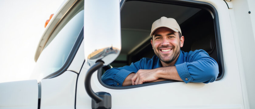 Smiling truck driver man sitting in white truck cabin, wearing blue shirt and beige cap, showing happiness and confidence