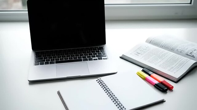 Modern Desk Setup with Laptop Notebook and Study Materials