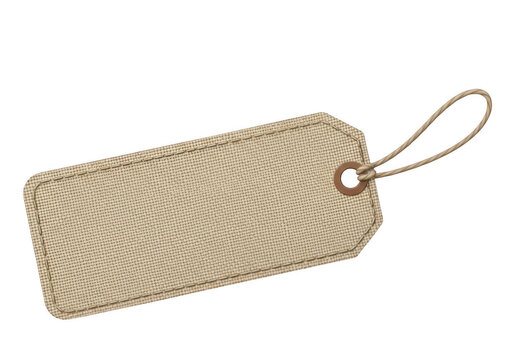 A close-up view of a beige fabric tag with a string loop attached to it. isolated on transparent background