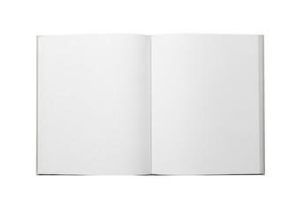 Naklejka premium A blank book with white pages and a black spine resting on a white surface isolated on transparent background