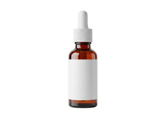 A clear glass dropper bottle with a white label and a white dropper cap. isolated on transparent background