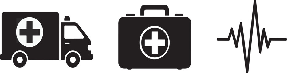 Obraz premium Ambulance and First Aid Kit Icons in Simple Flat Design with Monochromatic Color Scheme on White Background for Medical Emergency Services