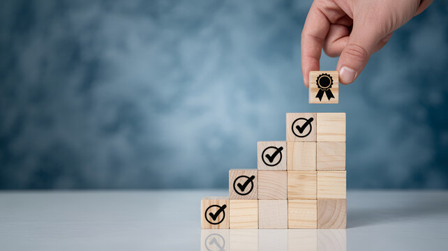 Hand stacking wooden blocks with checkmarks and a ribbon leadership strategy concept