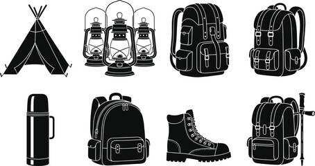 Black vector silhouette set of outdoor camping gear including hiking backpacks mountain boots thermos flask vintage lanterns and teepee tent for adventure travel branding © ROJUFA