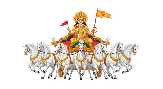 The Hindu deity Surya, adorned in gold, rides a magnificent golden chariot pulled by seven white horses across a white background.