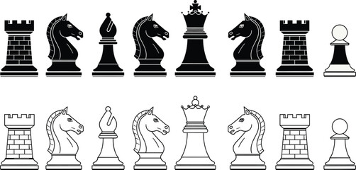 Chess pieces silhouette and outline set including rook knight bishop queen pawn strategy board game icons black white vector illustration © Md