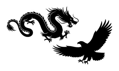 Chinese dragon and eagle silhouette set with flying pose