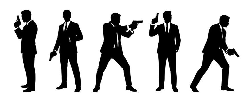 Secret agent silhouette set with handgun and suit
