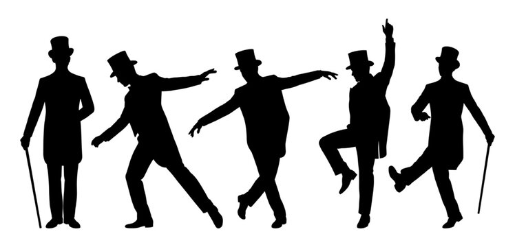 Gentleman silhouette set dancing with top hat and cane