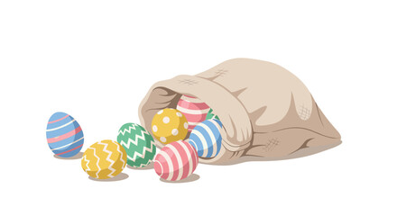 A beige fabric sack lies horizontally on a pristine white background, spilling a cluster of vibrantly colored and patterned Easter eggs.