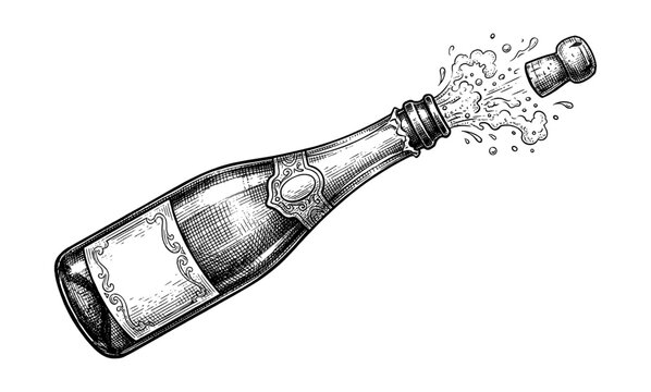 Champagne bottle popping in vintage engraving style